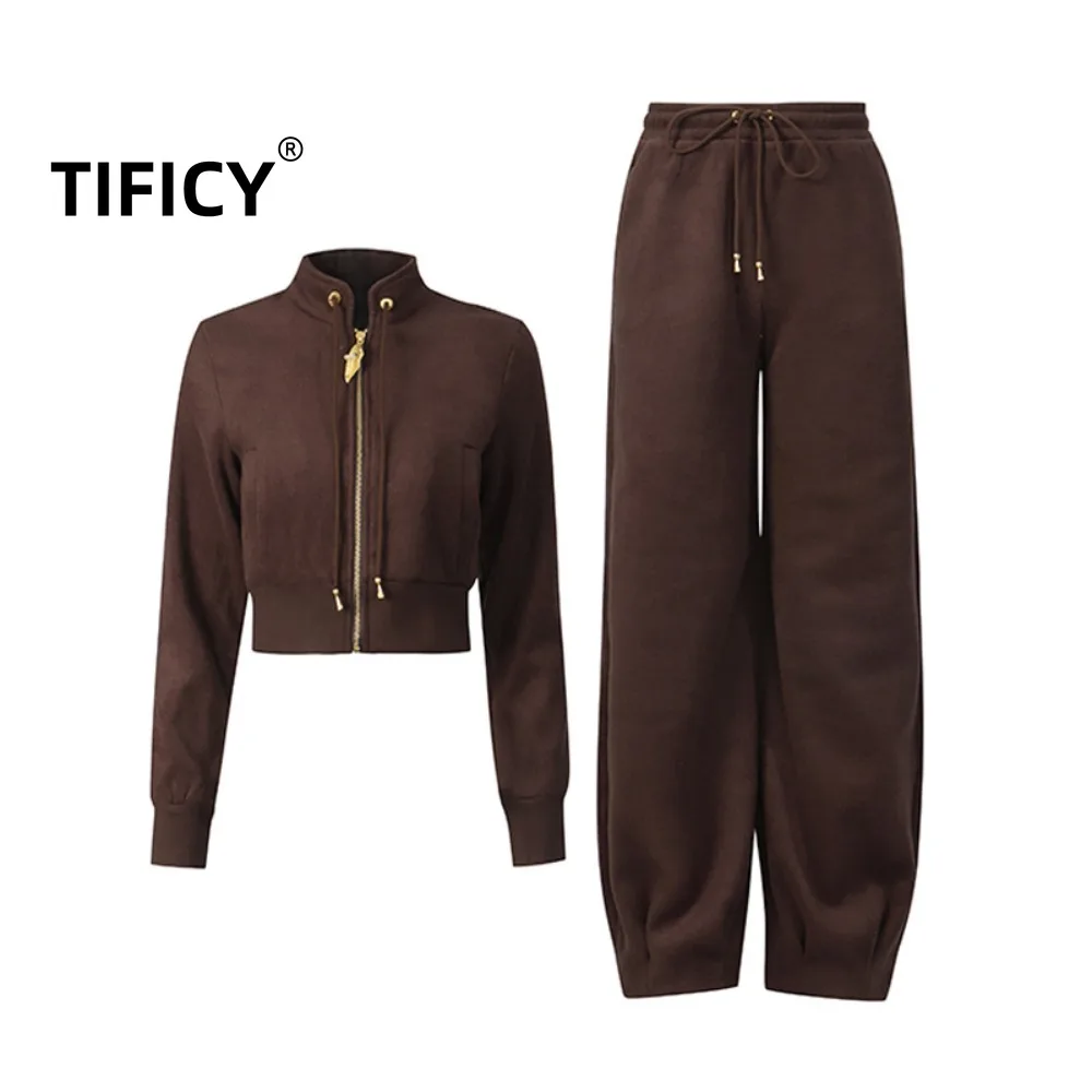 

High Street Casual Style Two-piece Set Women's Spring New Stand Up Collar Zipper Top+drawstring Solid Color Harem Pants Set