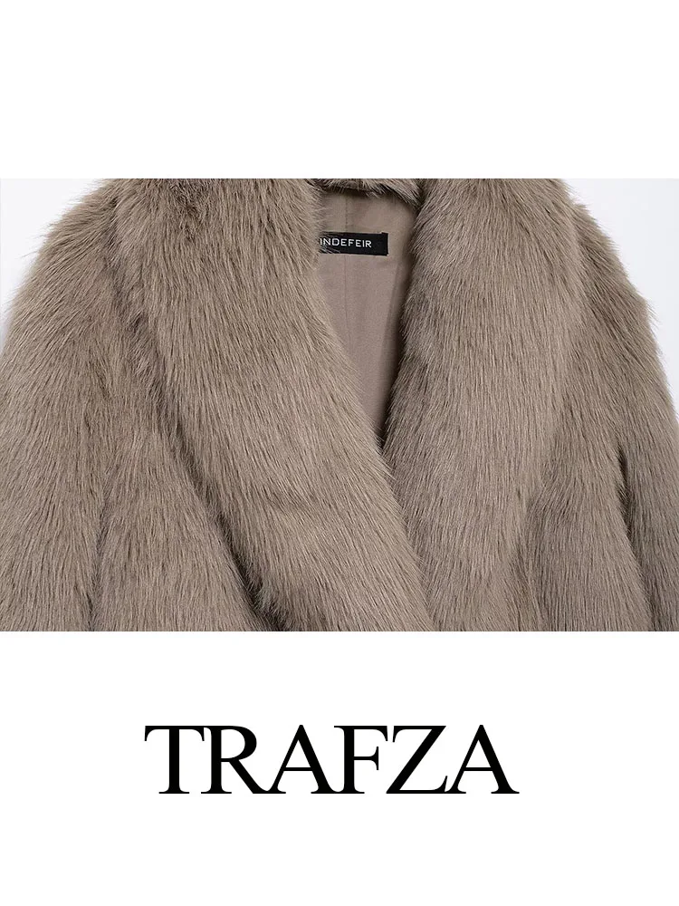 TRAFZA نساء موضة رفض طوق أزرار تزيين شتاء دافئ معطف طويل فو الفراء سترة امرأة طويلة الأكمام ملابس خارجية غير رسمية