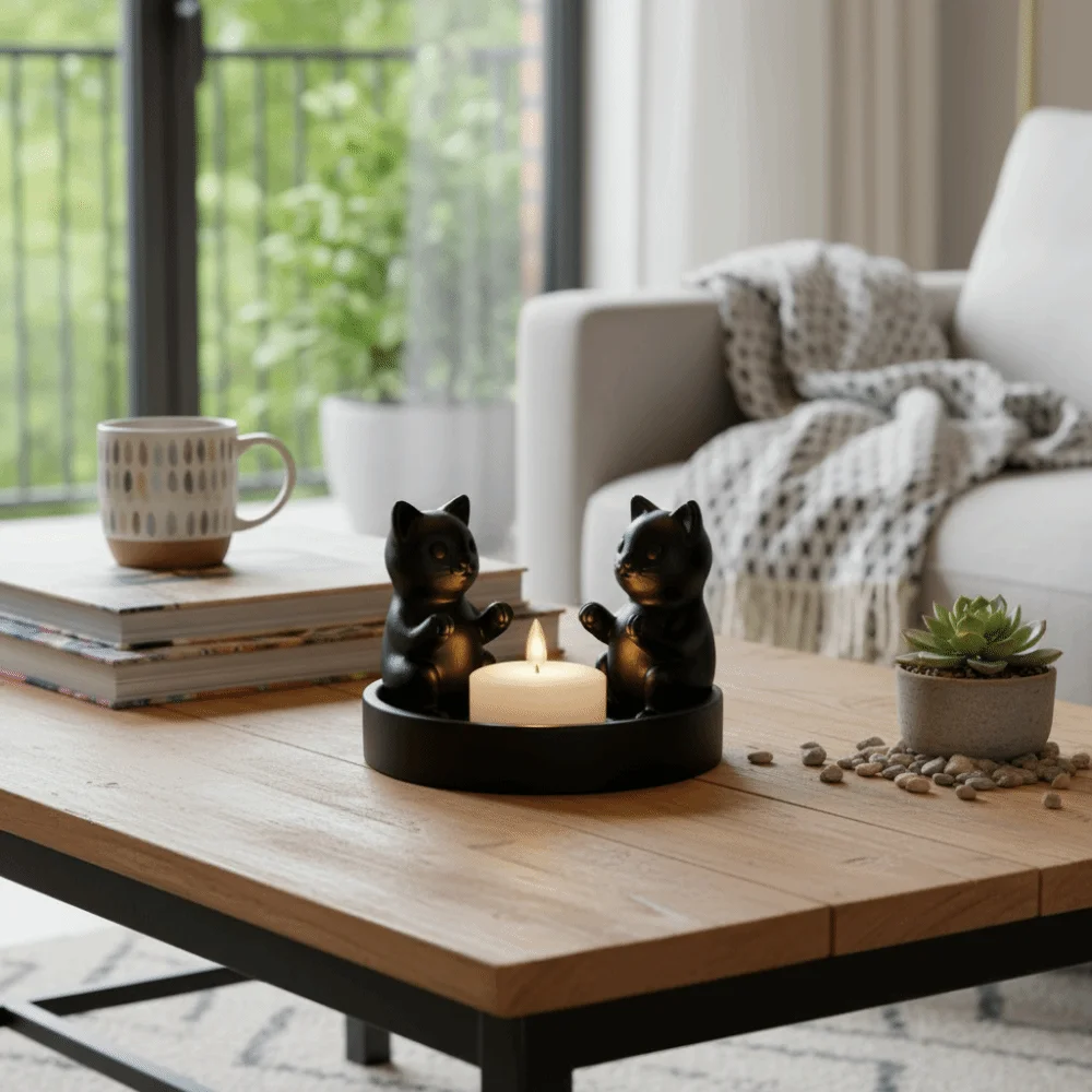 Meditation Space Cartoon Cat Candle Holder Ring-Shaped Cute 3D Printed Candlestick Decorative Candle Stand Living Room