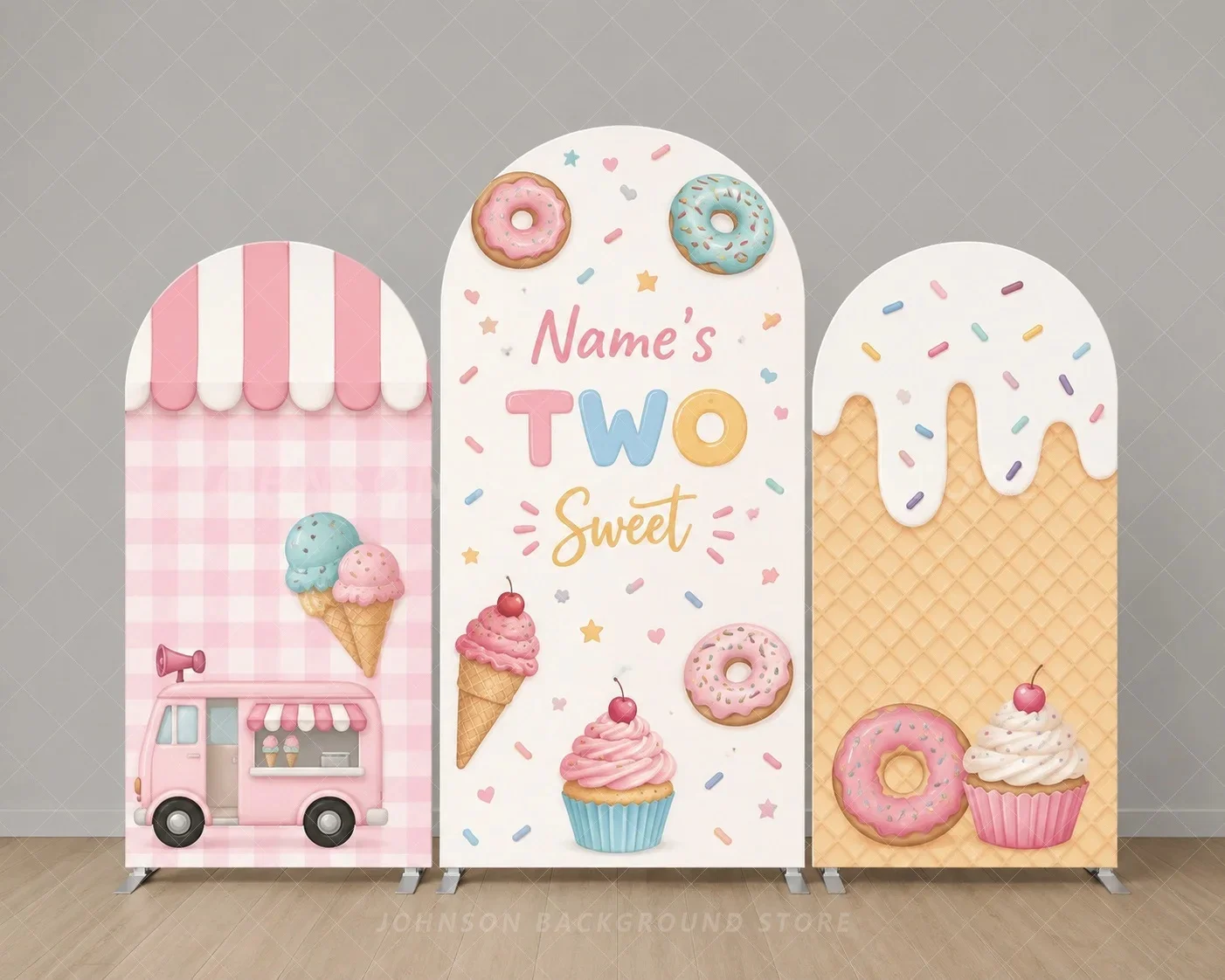Custom Two Sweet Birthday Arch Backdrop Cover Donut Ice Cream Cupcake Pink Dessert Truck 2nd Birthday Cream Background