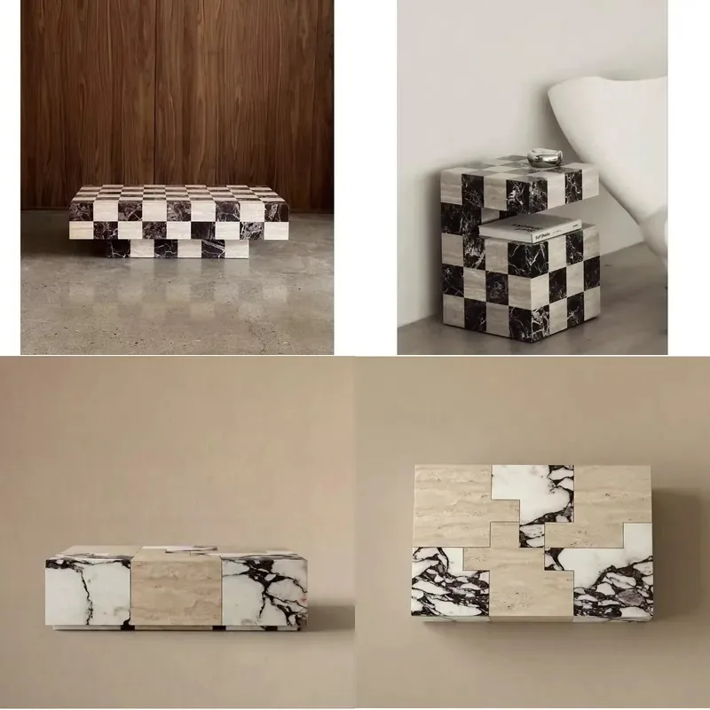 Natural Marble Coffee Table Checkerboard Pattern Limestone Center Table Modern Living Room Furniture Factory