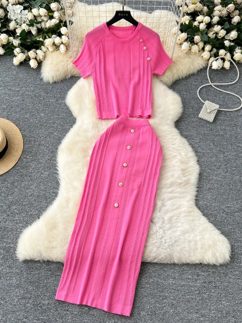 

Foamlina Вязаный комплект из двух предметов, однотонный укороченный топ с круглым вырезом и короткими рукавами, платье миди с эластичной резинкой на талии, женские летние костюмы