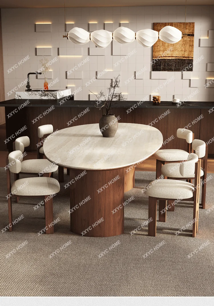 TS Beige Travertine Teardrop Table, Wabi-Sabi Mid-Century Dining Table with Walnut Base, Scratch & Stain Resistant, Customizable