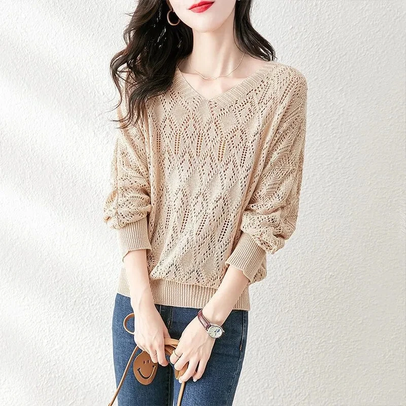Spring Autumn New Trend Fashion Hollow Out T-Shirts Temperament V-neck Lazy Women Solid Fashion Loose Leisure V-neck Knitted Top
