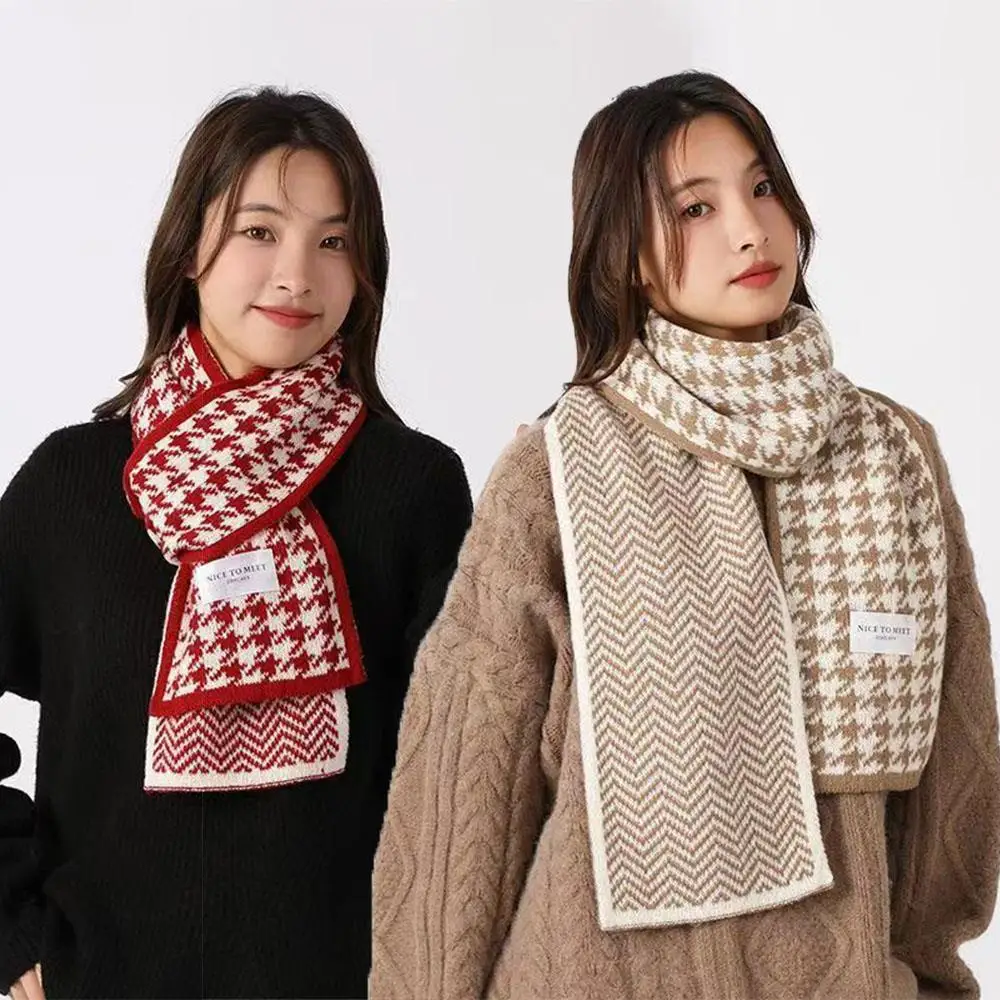 

Двусторонний теплый шарф для шеи, уличный ветрозащитный морозостойкий шарф, клетчатый вязаный шарф, модная шерстяная вязаная толстая шаль