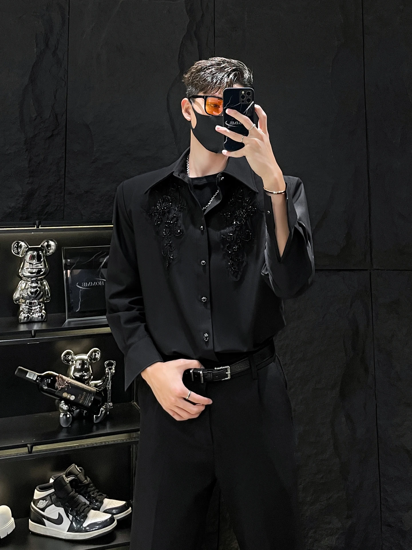 

Мужская рубашка с тяжелой вышивкой, свободного кроя, повседневная, с длинным рукавом, воротником-стойкой, универсальная, осенняя, китайский бренд