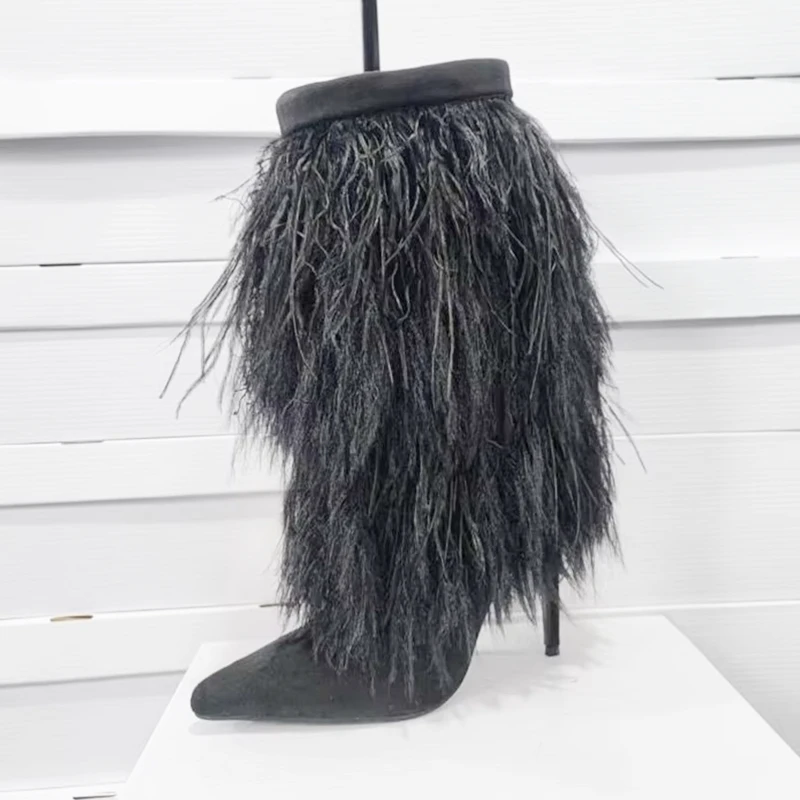 

Plus Size 46 Black Feather Fringe Pointed Toe Mid-calf Boots Suede Stretch Fabric Zipper Modern Short Boties size 46