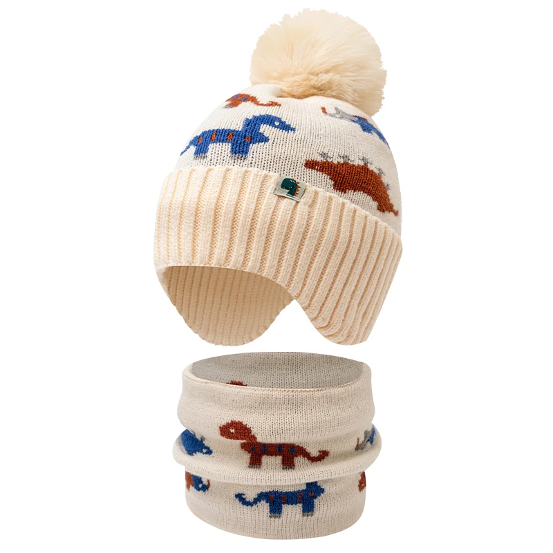 مجموعة من قطعتين لخريف وشتاء الأطفال من 3 إلى 12 سنة - وشاح قبعة محبوك دافئ لحماية الأذن على شكل ديناصور صغير