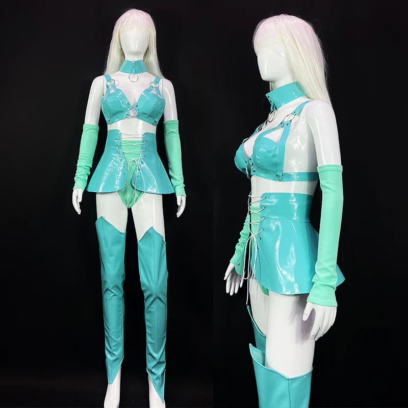 2025 Verde menta Pu cuero Sexy Bikini club nocturno baile en barra traje Rave traje Bar Gogo Ropa de baile bailarina etapa Wearyj017