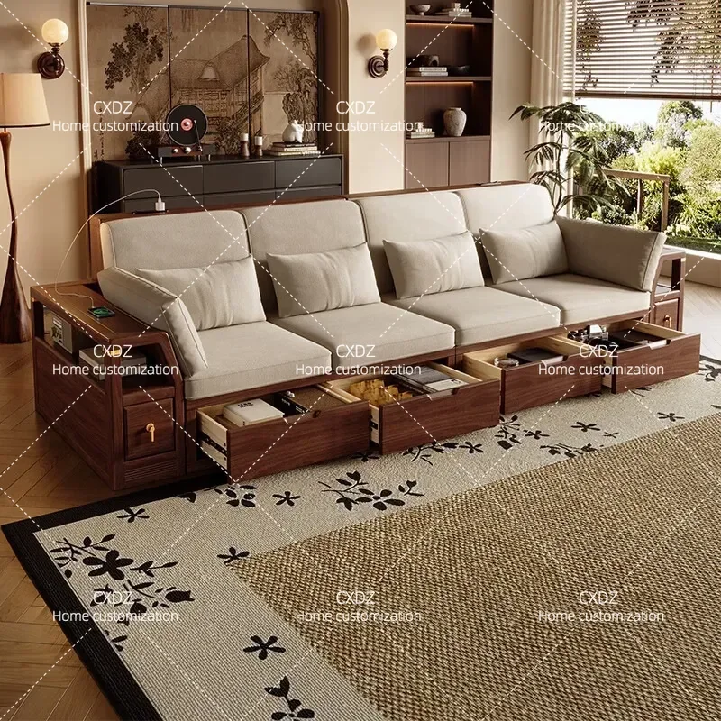 Medieval Black Walnut Solid Wood Sofa Living Room Winter Summer Dual Purpose Straight Row Four Seater Multifunctional Storage