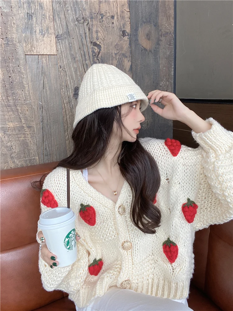 Autumn and Winter Sweater Women's Cardigan Tide New Women's Fashion V-neck Strawberry Sweet Cute Knitwear Plus Size Coat