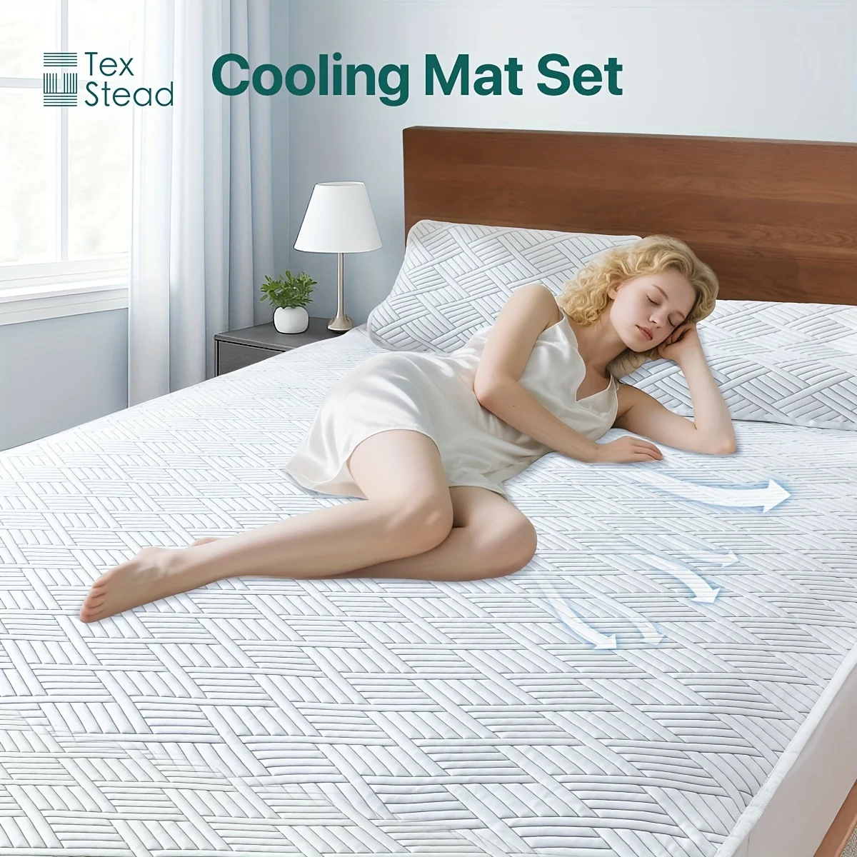 Air Layer Cooling Mattress Topper with Pillowcases, Diagonal Stripe Breathable Woven Pad, Soft Washable Polyester Summer Cover