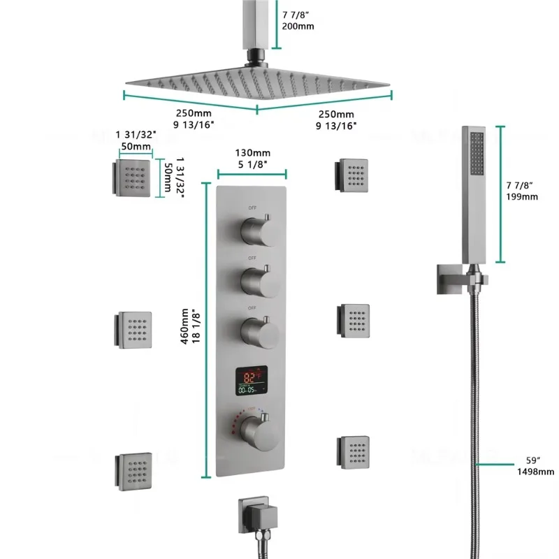 高級ブラッシュニッケル製浴室サーモスタットシャワーシステム隠蔽式シャワーセット