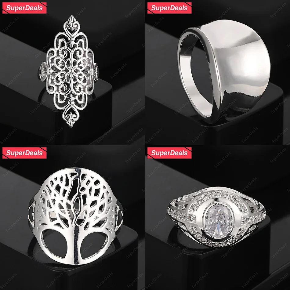 

SuperDeals 925 Sterling Silver Concave Classic Oval Zircon Hollow Tree Shape Rhombus Ring Women Birthday Party Fashion Jewelry