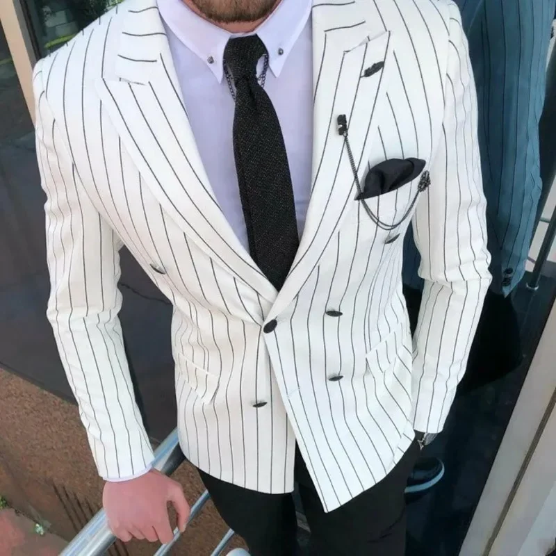 

Double Breasted Peak Lapel Men's Suits White Pinstripe Blazer Black Pants 2 Piece Formal Smart Casual Business Luxury Full Set