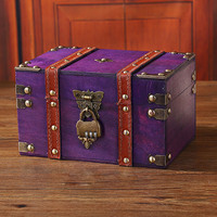 Vintage Wooden Treasure Chest Box Handmade Violet Small Rectangle Antique Wood Jewelry Box Decorative Space Saving for Bedroom
