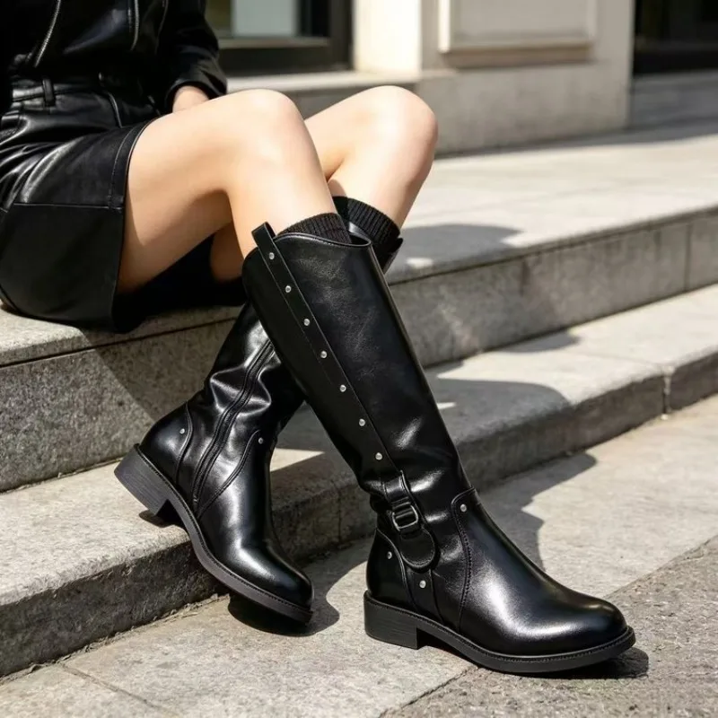 Women's Knee High Boots Round Toe Low Block Heel Smooth Finish Side Zipper Closure Studded Strap Detail Casual Outdoor Footwear