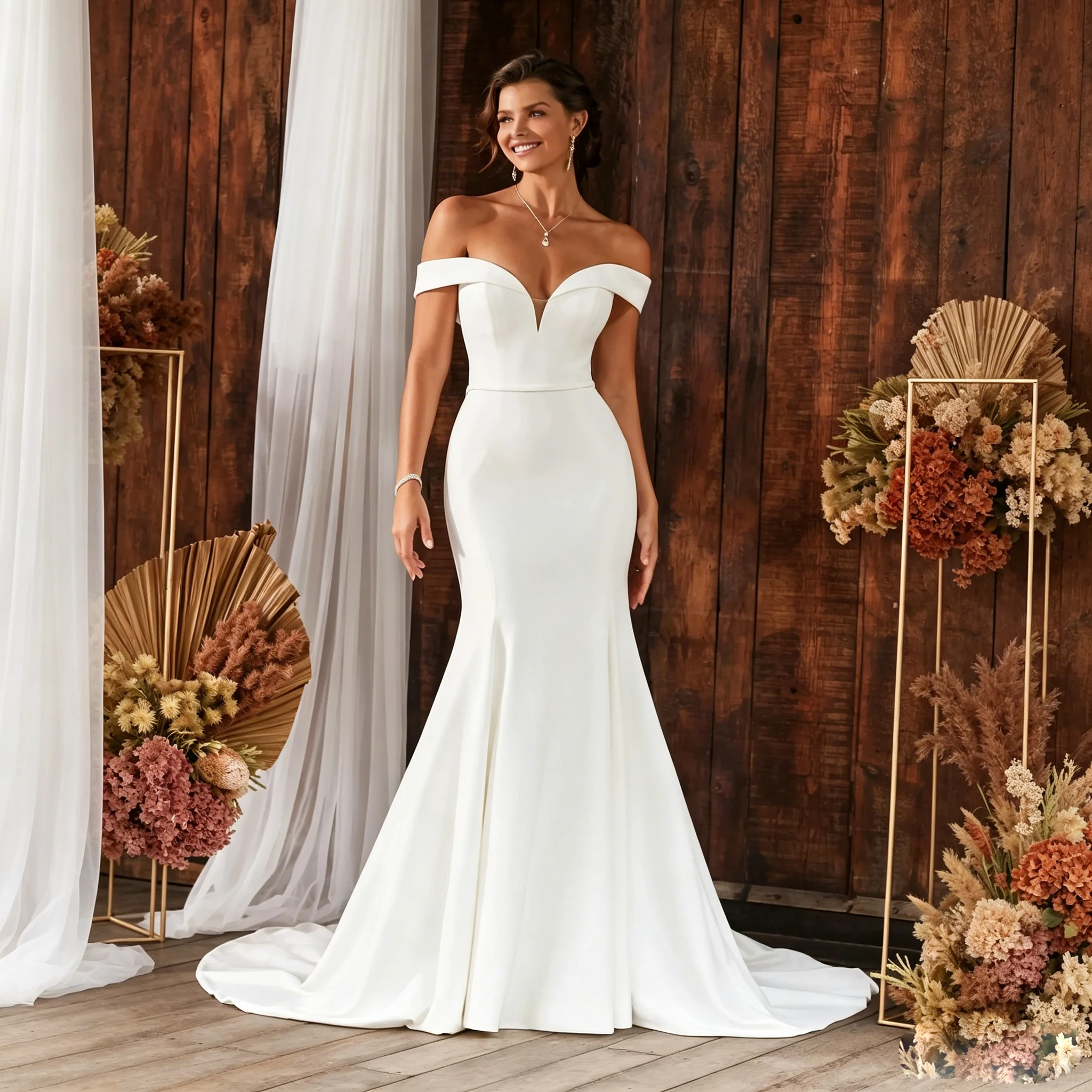 Vestido novia sirena satén lujo hombros descubiertos escote V profundo botones perla espalda cola larga blanco tallas grandes personalizable boda elegante minimalista colección 2026 calidad premium confección a medida