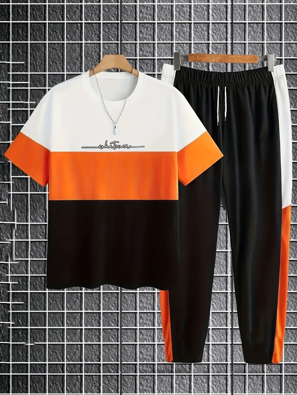 New Men's Summer Personalized Splicing Printed Micro Elastic Breathable Round Neck T-shirt Pants Set Outdoor Fashion Clothing