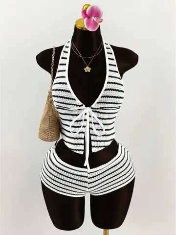 Women's set summer casual sexy color blocked hanging neck sleeveless tied top+color blocked elastic waist shorts set