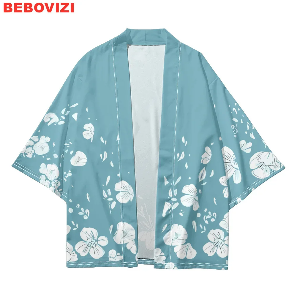 

Уличная одежда для мужчин и женщин, азиатская одежда большого размера, кардиган с розовым цветочным принтом, хаори, пляжная юката, модное повседневное кимоно