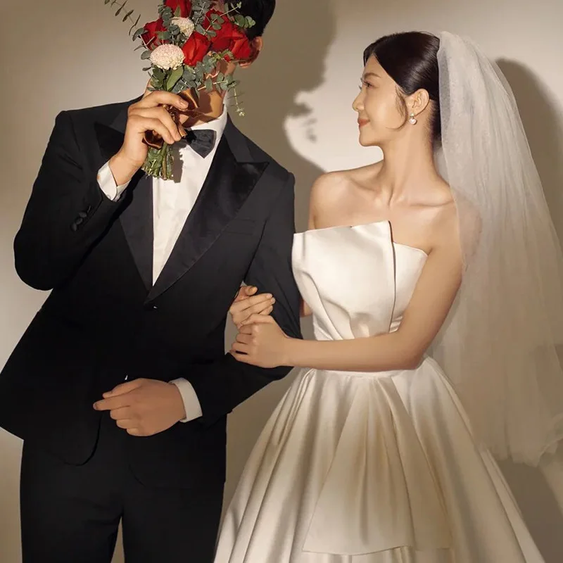 Vestido blanco de lujo de satén sin mangas, vestidos de novia para mujer, decoración de lazo, vestido de fiesta de cumpleaños, sesión de fotos de boda personalizada