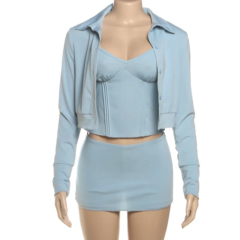 Europa e America Moda Set da 3 pezzi Giacca cardigan monopetto da donna + Minigonna a canotta solida Abiti classici da strada
