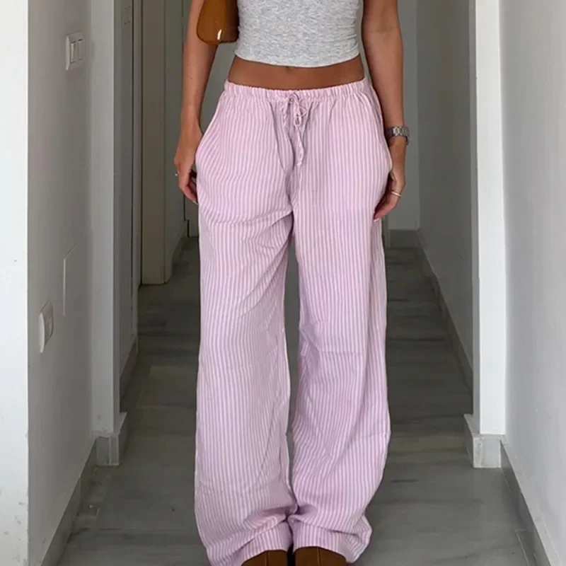 Women's Casual Striped Woven Wide Leg Pants Fall Winter 2025 Casual Stylish Full Length Trousers Y2K Clothes Streetwear