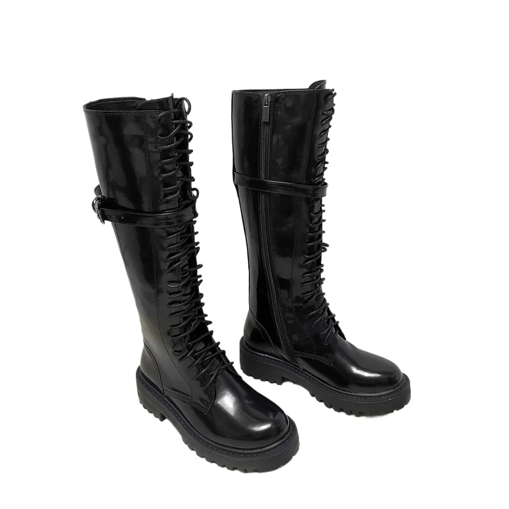 

Fashion Black Patent Leather Motorcycle Boots Winter Fur European Knee-High Women's Riding Boots Western Long Boots