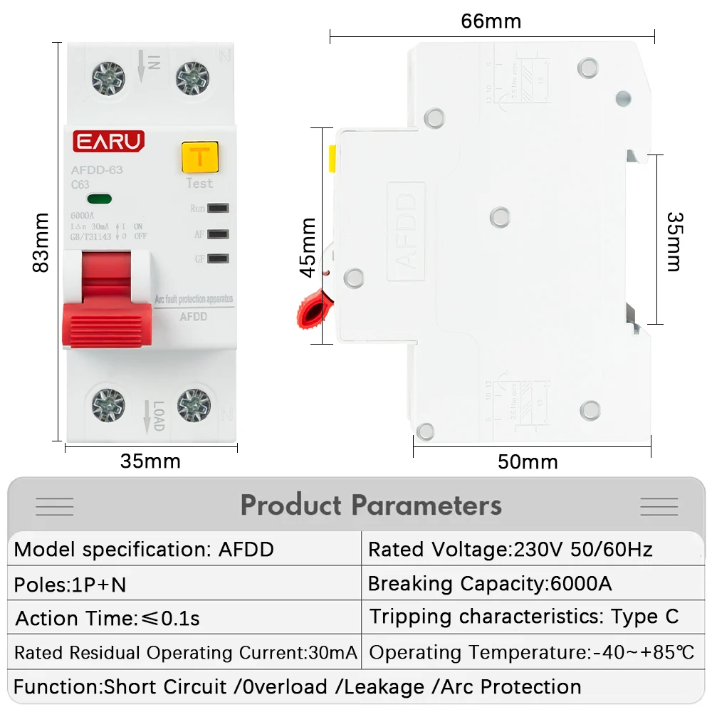 AFDD Fault Arc Protector Circuit Breaker Main Switch RCBO MCB Short Circuit Protection Leakage Protection Overload Protection