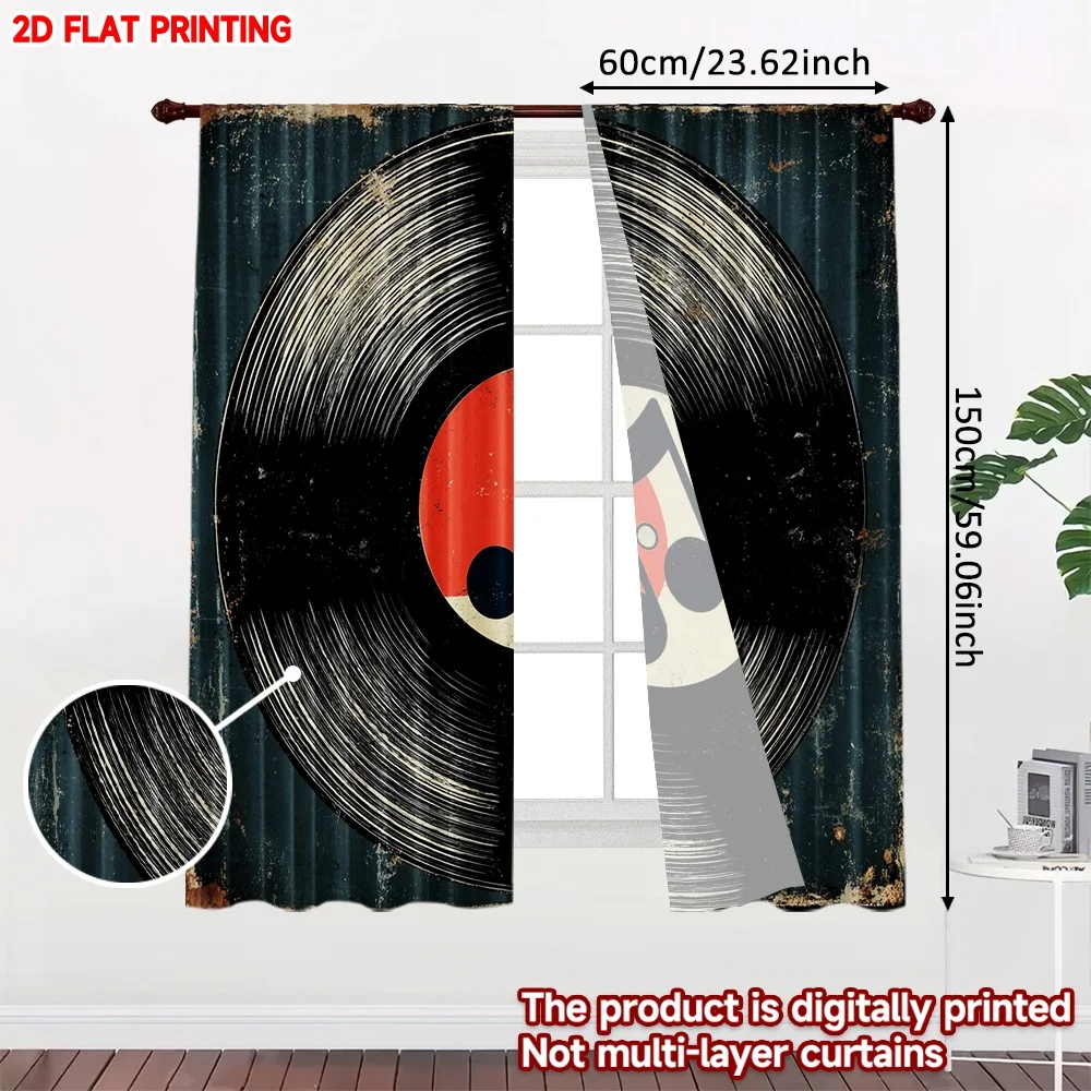 2pcs Vinyl Record Curtains Digital Printing, Retro Music Note Pattern in Red White Black for Living Room Music Lover Decor