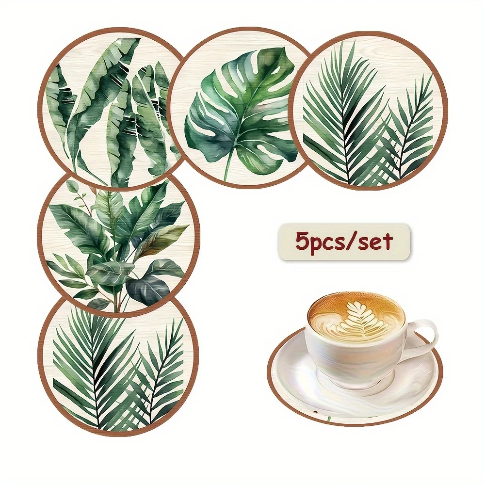 5pcs Tropical Plant Leaf-Patterned Wooden Coasters Creative Artistic Home Decoration for Daily Use in Home Kitchen Office Desk
