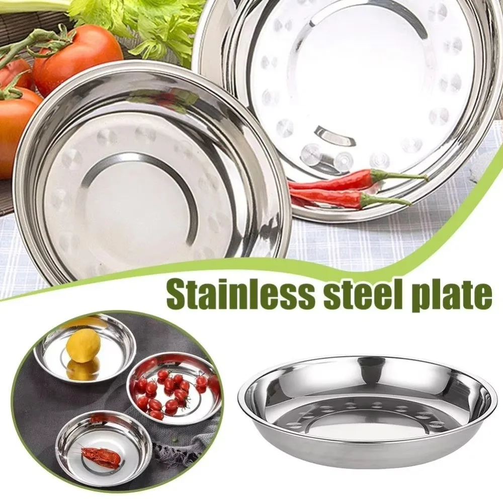 Non-Magnetic Stainless Steel Plates Reusable 14-28cm Multi-Size Metal Serving Platter Deep Design Round Shape Deep Dinner Plates