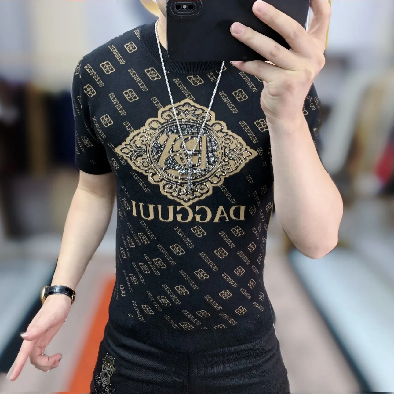 

Модный вязаный шерстяной свитер с вышивкой букв и стразами, мужской топ в городском стиле, из полиэфирного волокна, с круглым вырезом