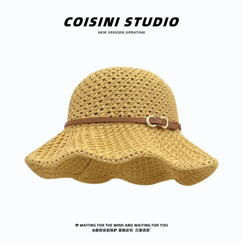 

New French Openwork Leather Buckle Design Straw Bucket Hat Women's Summer Vacation Sunshade Wide Brim Foldable Sun Caps