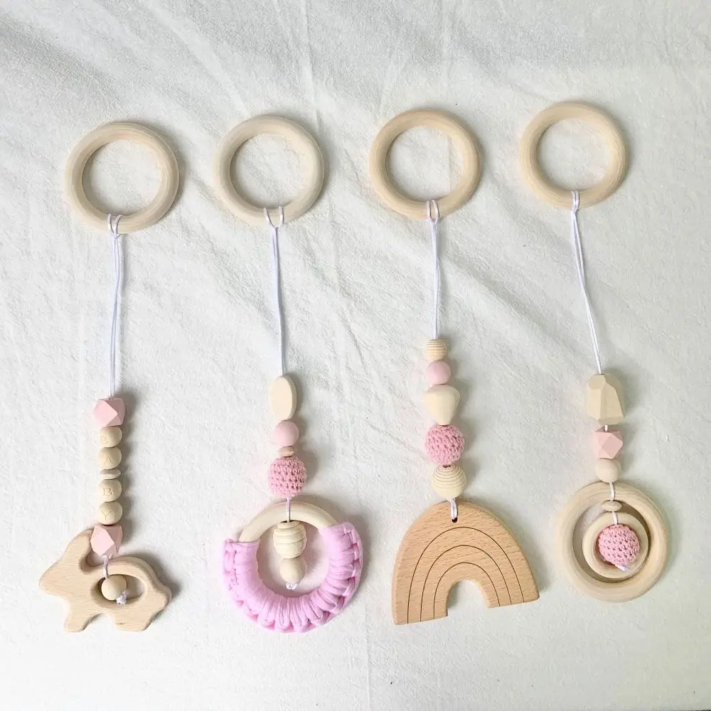 Teaching Sensory Wooden Beech Activity Gym Frame Crochet Bead Baby Gym Toys Play Frame Pendant Baby Crib Hooks Bed Rings