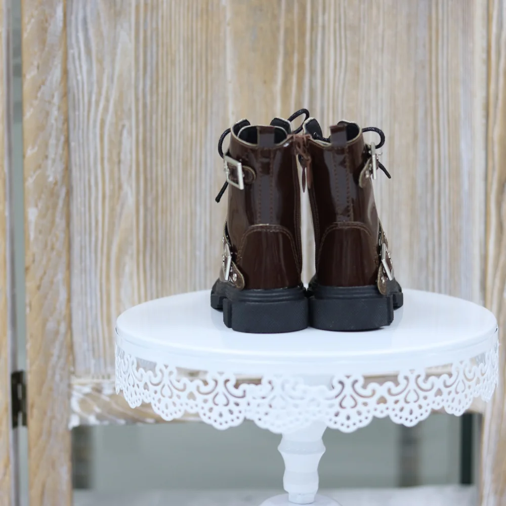 BJD Doll Shoes IID75 Patent Leather Glossy Black Brown Cross Buckle Lace-up Ankle Boots Thick-soled Round Toe Doll Accessories