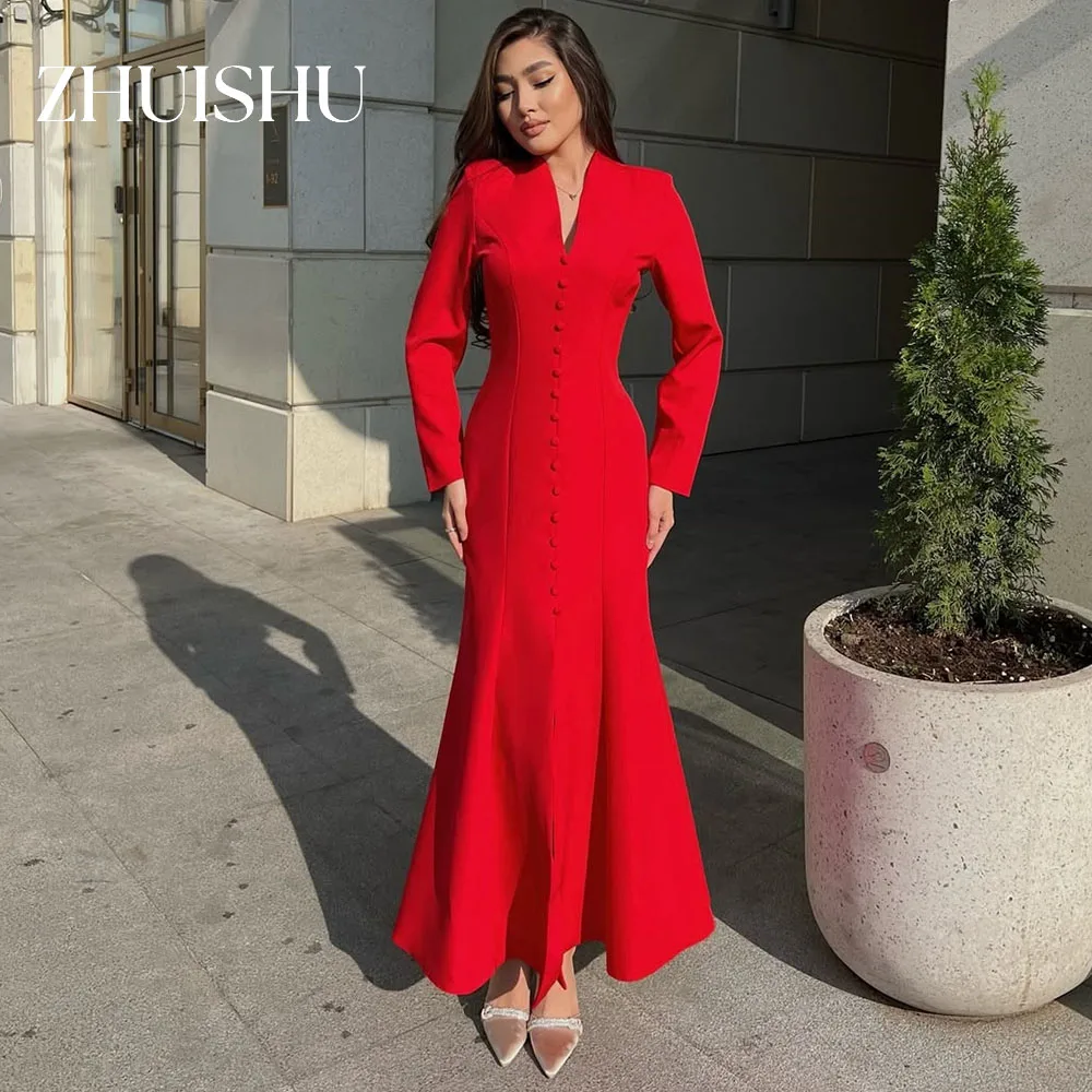 

ZHUISHU красные длинные платья для выпускного вечера полурусалка длиной до щиколотки с v-образным вырезом и длинными рукавами повседневные вечерние платья по индивидуальному заказу женское вечернее платье