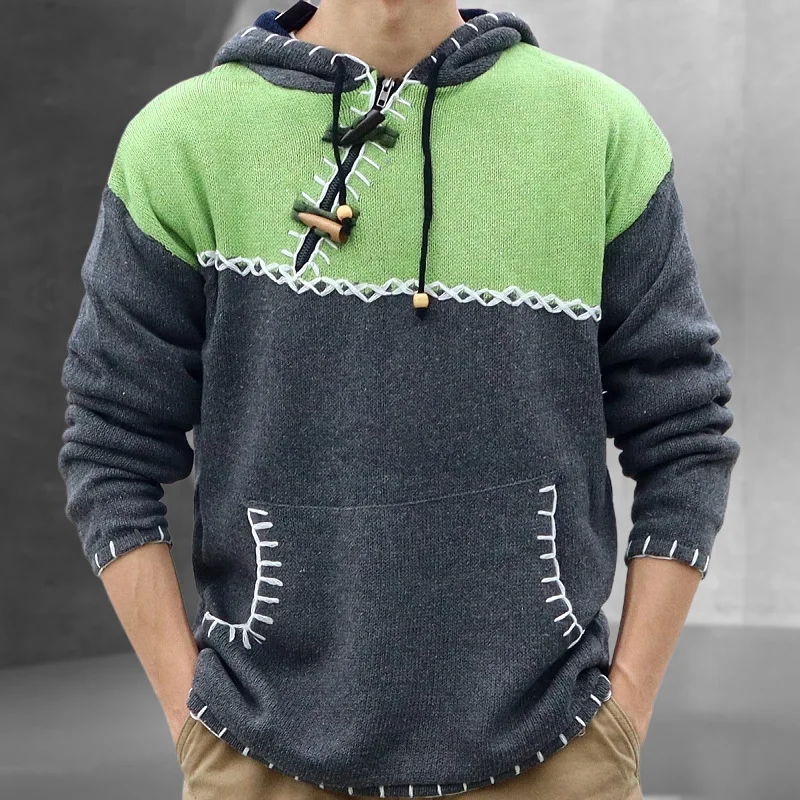 

Men's Autumn and Winter Knit Casual Hoodie Color Pullover Big Pocket Sweater Coat