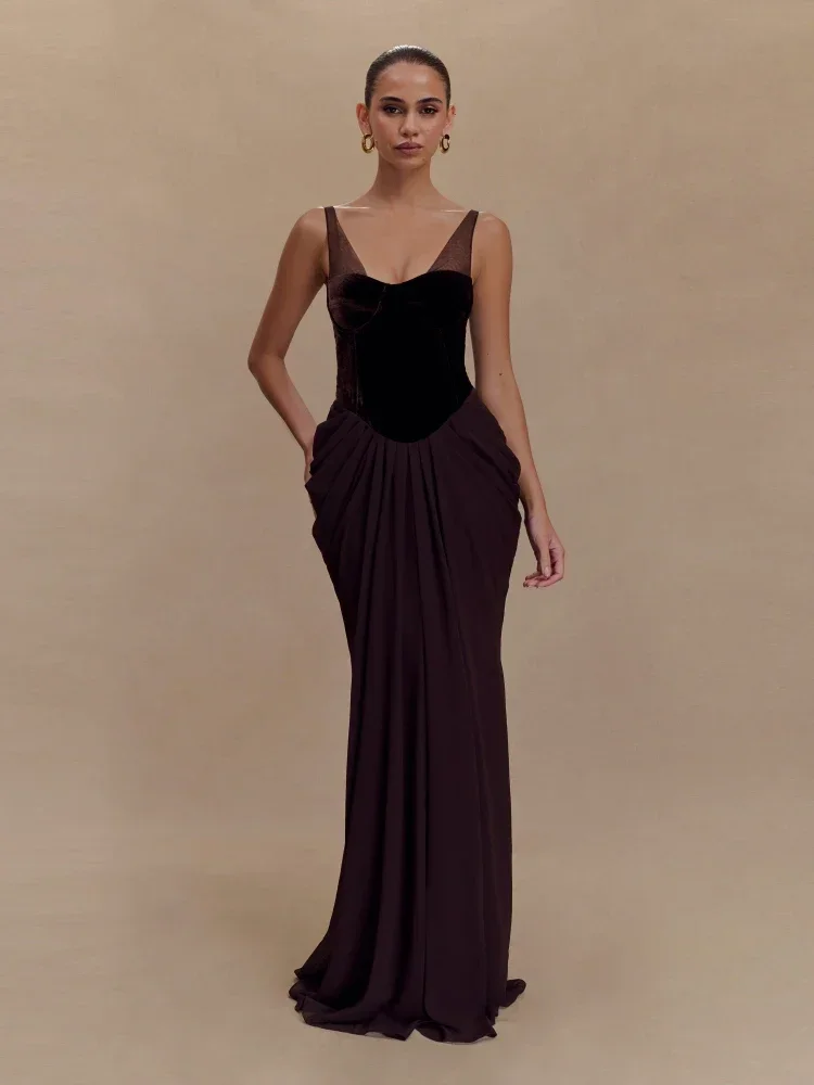 

New Sexy Mesh Straps Velvet Corset Patchwork Long Dress Women Sleeveless Backless Folds Slim Dresses Elegant Evening Party Gowns