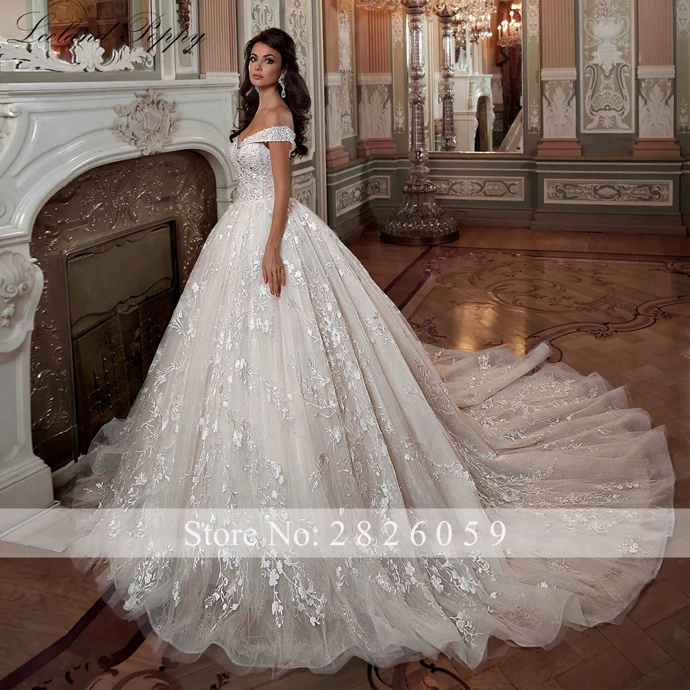 Lceland Poppy Customized Boat Neck Ball Gown Lace Wedding Dresses Off the Shoulder Beaded Bridal Gowns with Chapel Train