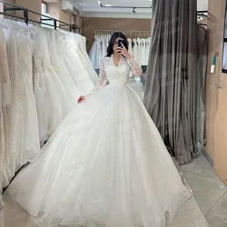 Luxury Glitter Wedding Dresses Woman's A Line Sexy Appliques Bride Gowns Formal Long Sleeve Fluffy 2025 Vestido Novia Customized