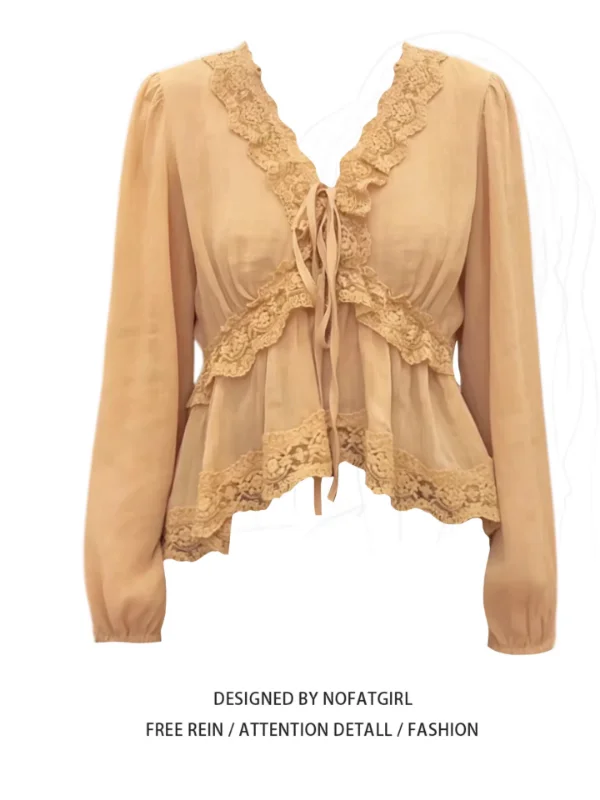 

plus Size Women's Gentle Lace Trim V-Neck Long Sleeve Shirt Spring 2026 Korean Style Loose Fit Breathable Polyester Fiber