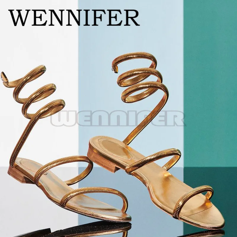 Gold-tone 95mm Coiled Ankle Strap Sandals Round Open Toe Calf Leather Sandals Ladies Party Dress High Stiletto Heels Sandalias