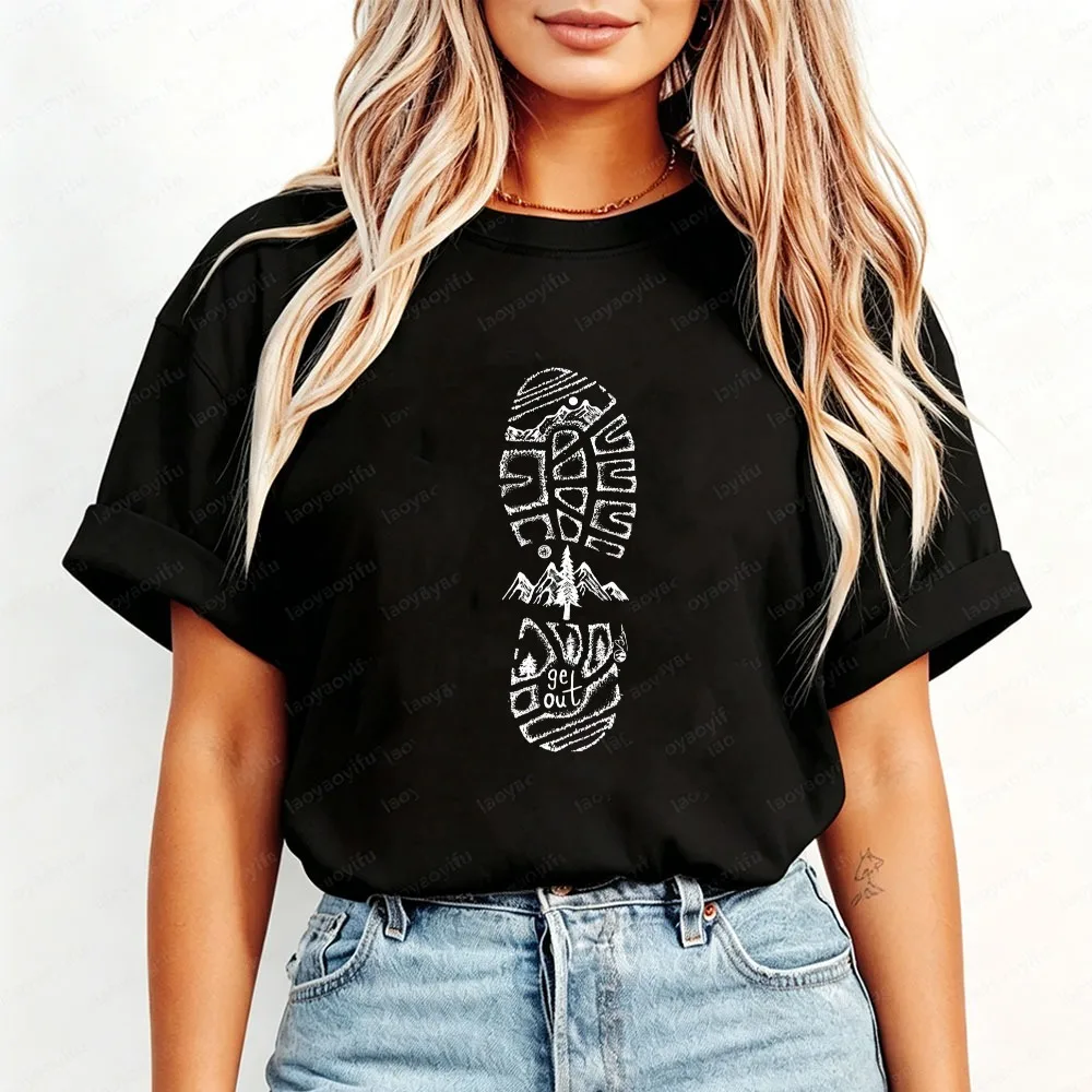 Mountain Landscape Boot Print T-Shirt Hiking Trail Nature Lover Quote Outdoor Adventure Summer Casual Streetwear Graphic Tees