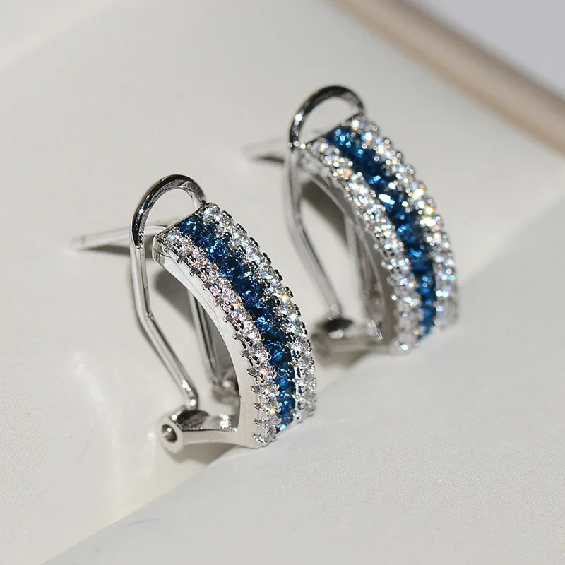 

Sapphire Earrings White Copper Clip Earring Paved Full Diamond Earrings for Woman