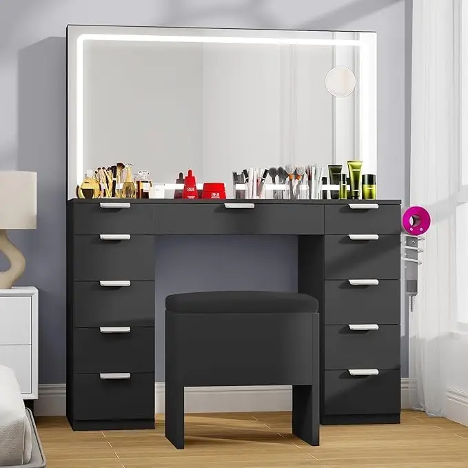 DWVO Vanity Desk with LED-Lit Mirror & Lights, Makeup Vanity Station with 11 Compartments and Magnifier, 46'' Dressing Table wit