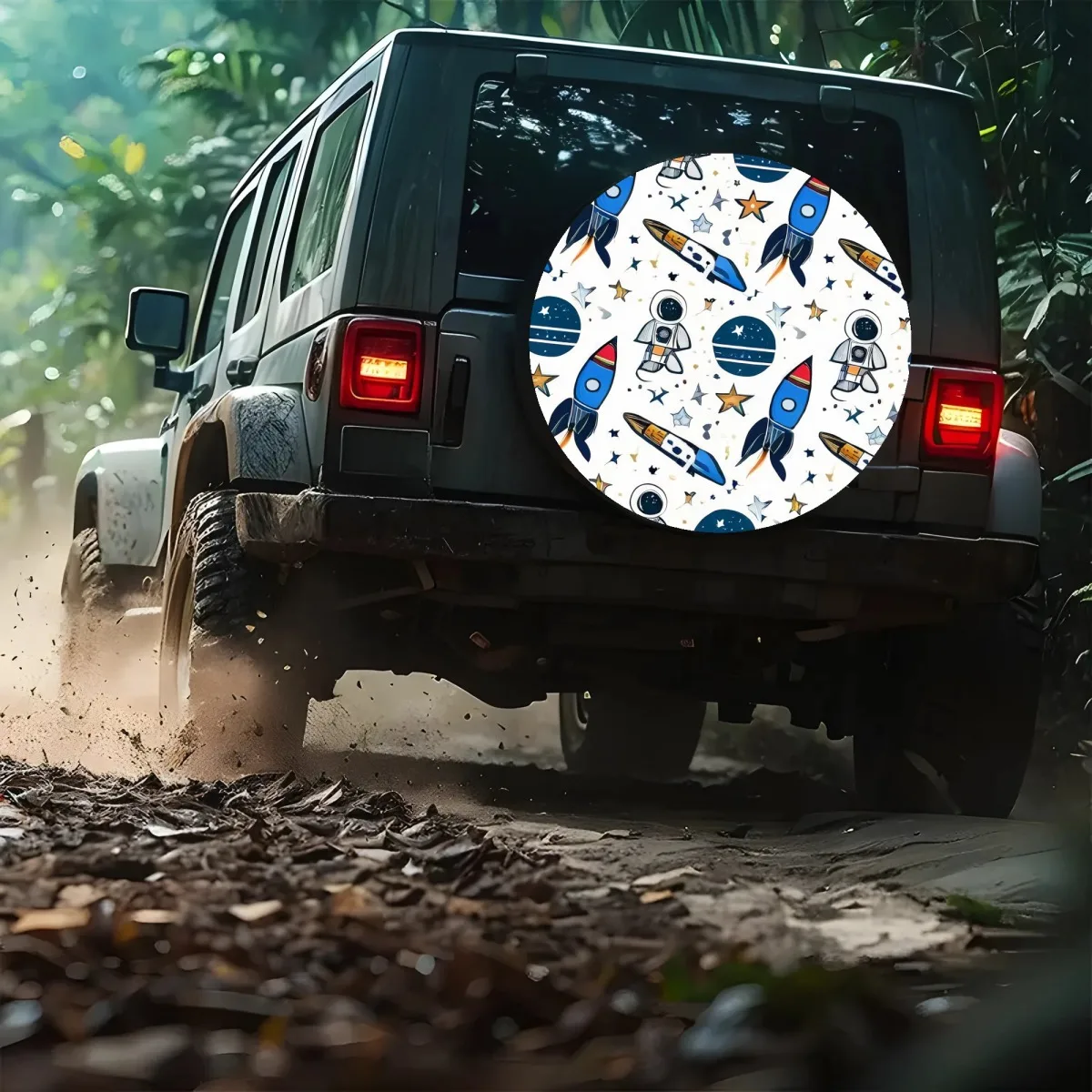 Astronaut Rocket Space Pattern Spare Tire Cover Waterproof Polyester Fiber Wheel Cover for SUV Truck RV