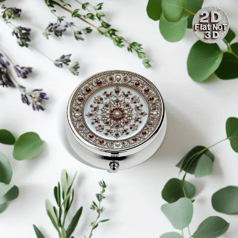 Single-piece flat portable round three-compartment metal pill box, adorned with exquisite white background and red-gold gemstone patterns, suitable for both travel medication storage and vitamin preservation, a multi-functional organizer for small accessories, flat design