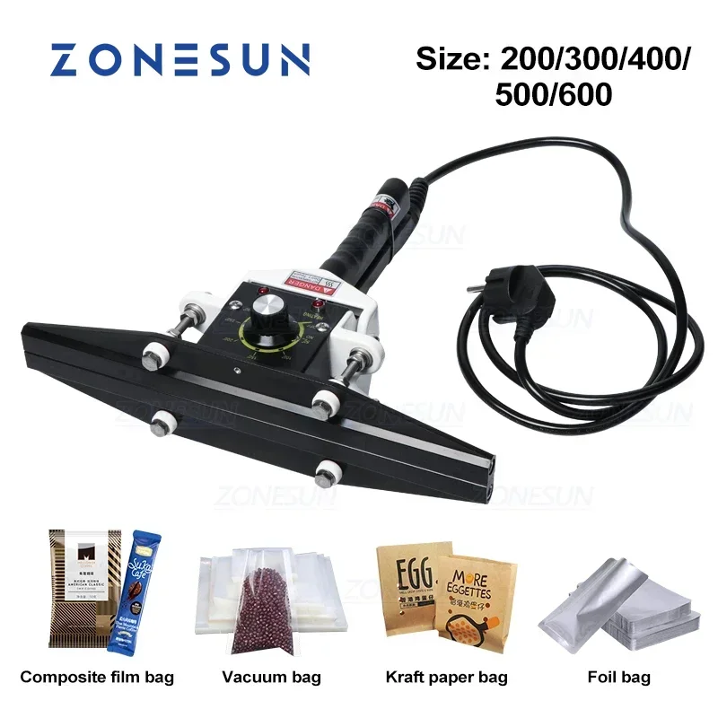 

ZONESUN Electric Sealing Machine Direct Heat Hand Press Plastic Bag Sealer for Food Aluminum Foil Kraft Paper Pouch Nylon Bag